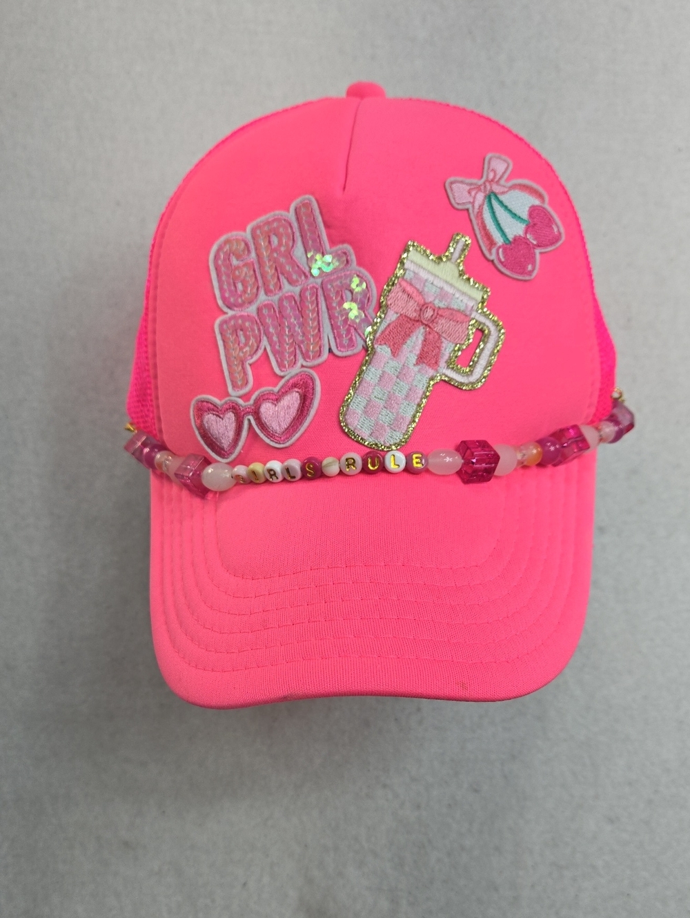 Otto Pink 'GRL PWR' Embroidered Trucker Hat with Handmade Beaded Band